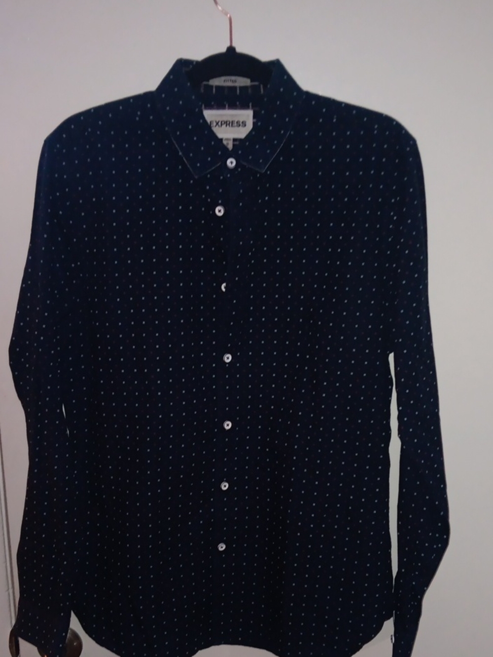 Express Men's Navy Button-Up Shirt with White Dot Print
